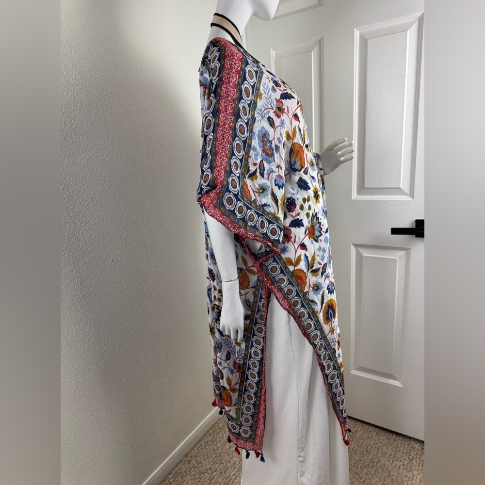 Ruggine Multi Color Bright Floral Lightweight Kimono with Pom Pom Trim. - Picture 3 of 10